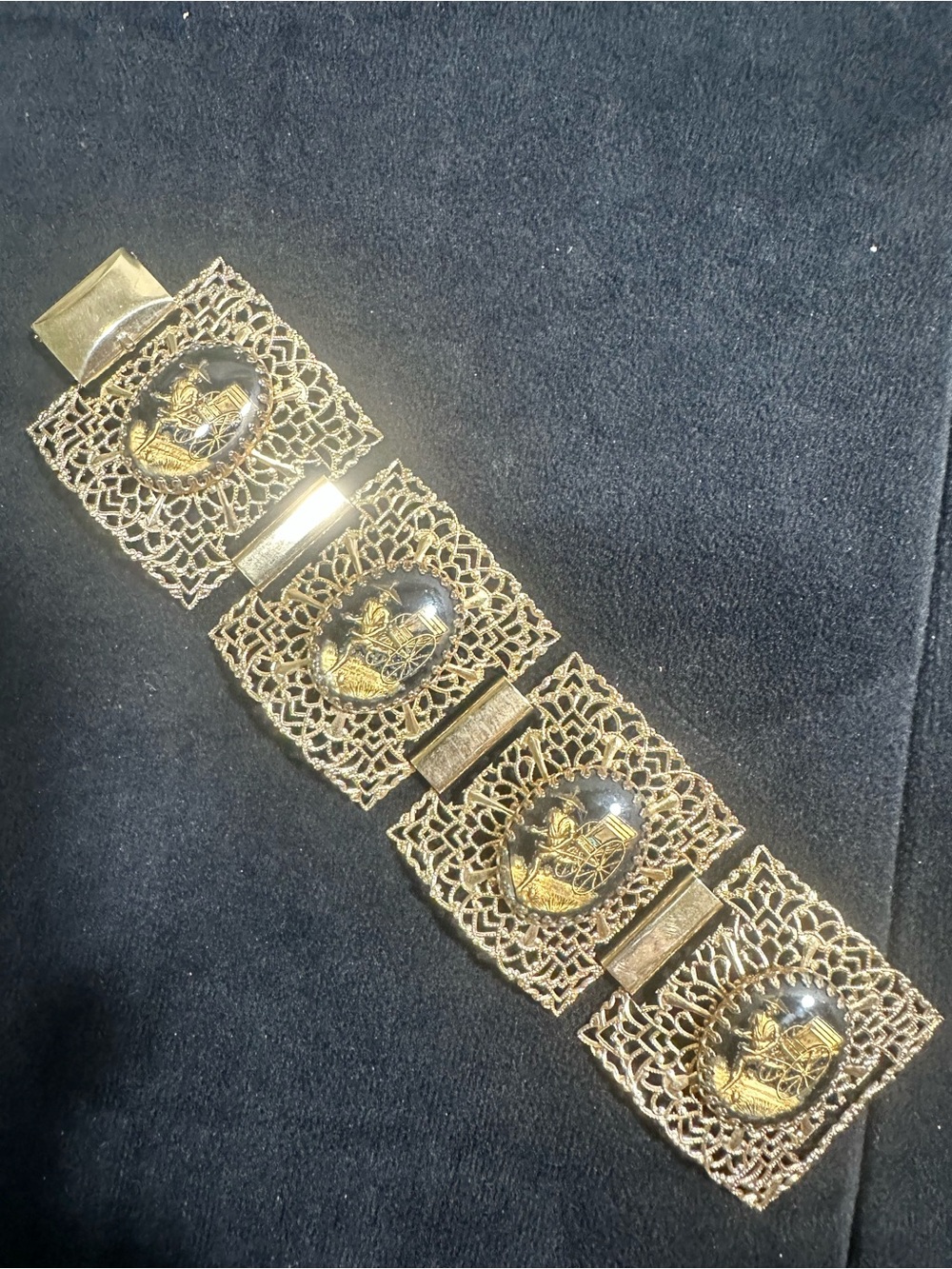 Vtg: 1940’s Asian Reversed Glass Filigree Panel Bracelet